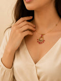 Elegant Gold-Tone Ruby & Green Stone Pendant Necklace