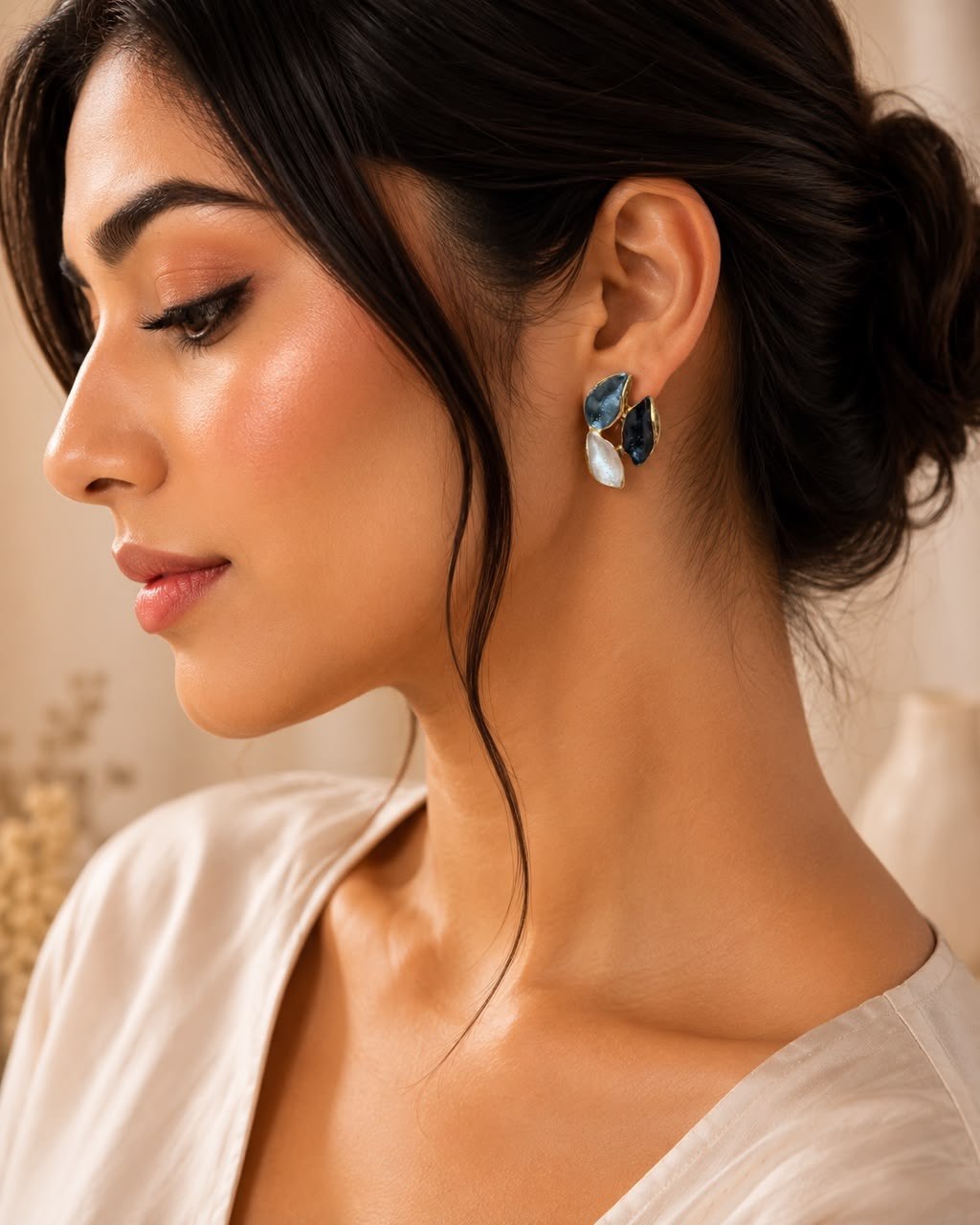 Celeste Anti-Tarnish Marble Leaf Stud Earrings