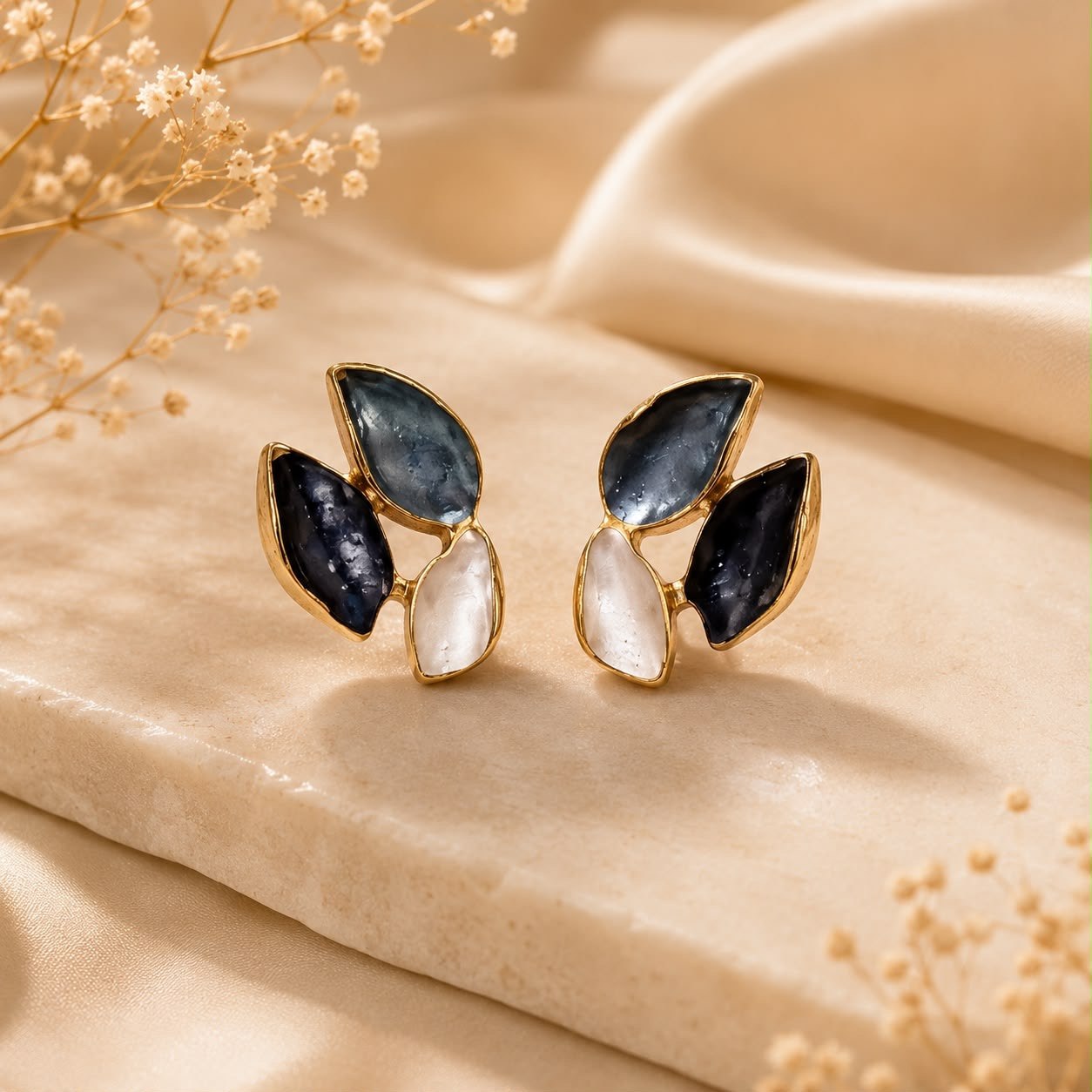 Celeste Anti-Tarnish Marble Leaf Stud Earrings