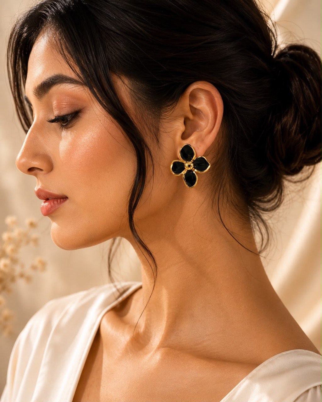 Noir Blossom Anti-Tarnish Floral Statement Stud Earrings