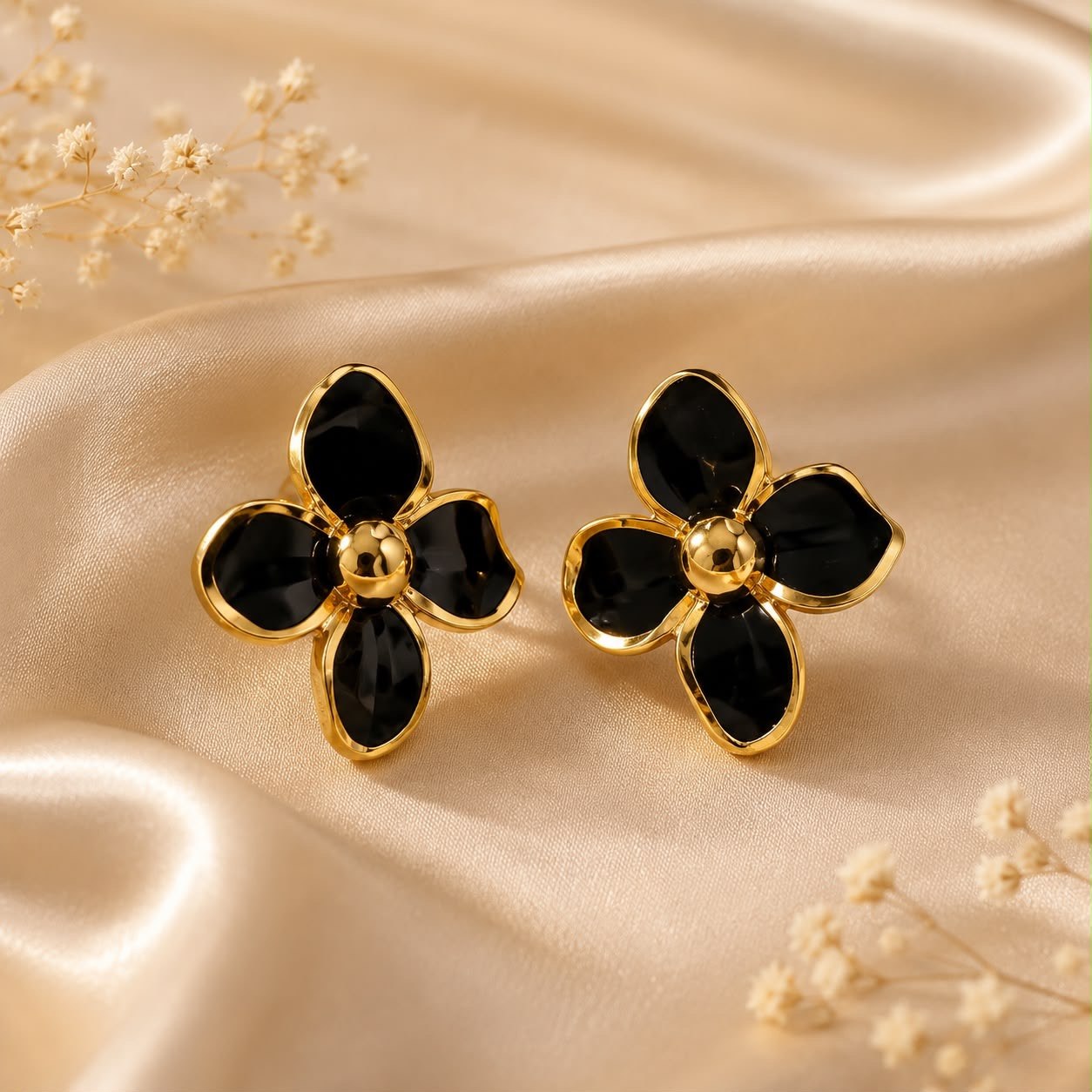 Noir Blossom Anti-Tarnish Floral Statement Stud Earrings