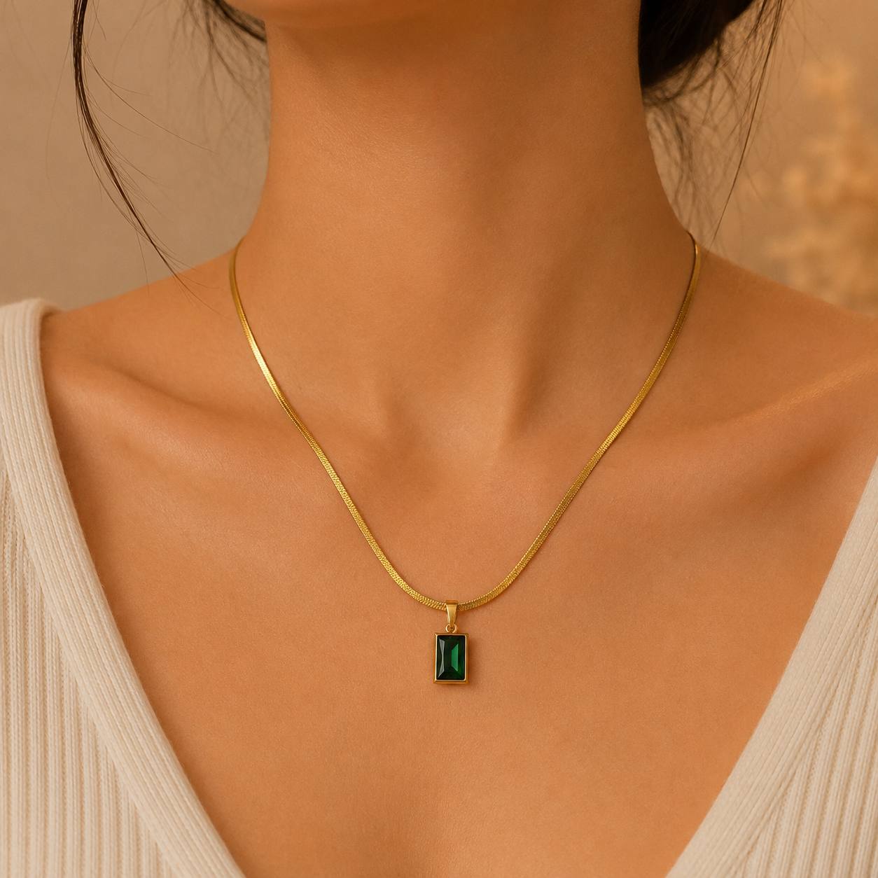 Emerald Green Rectangle Pendant Necklace