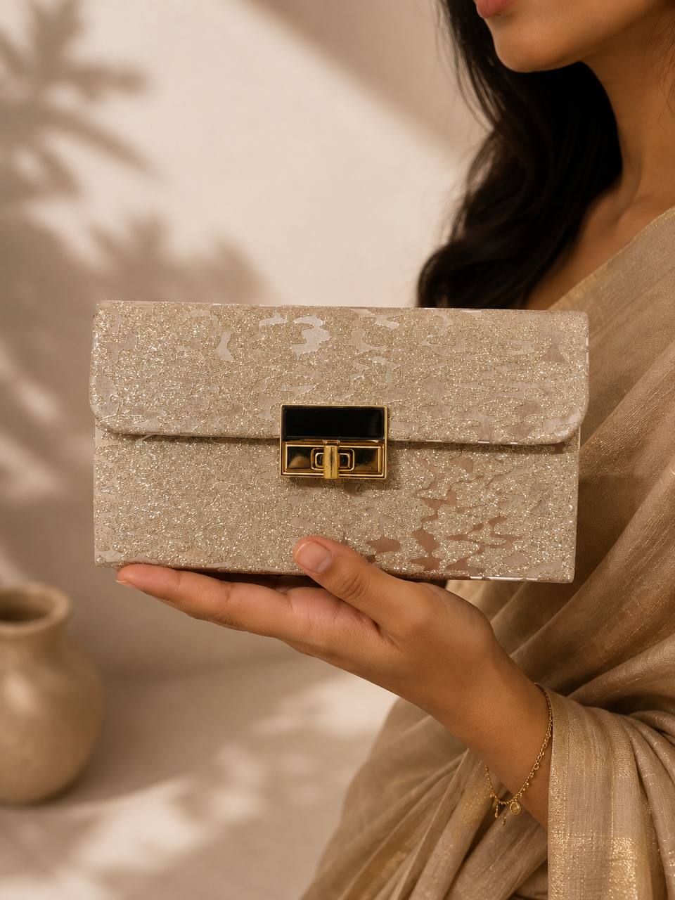 Elegant Champagne Glitter Clutch Bag