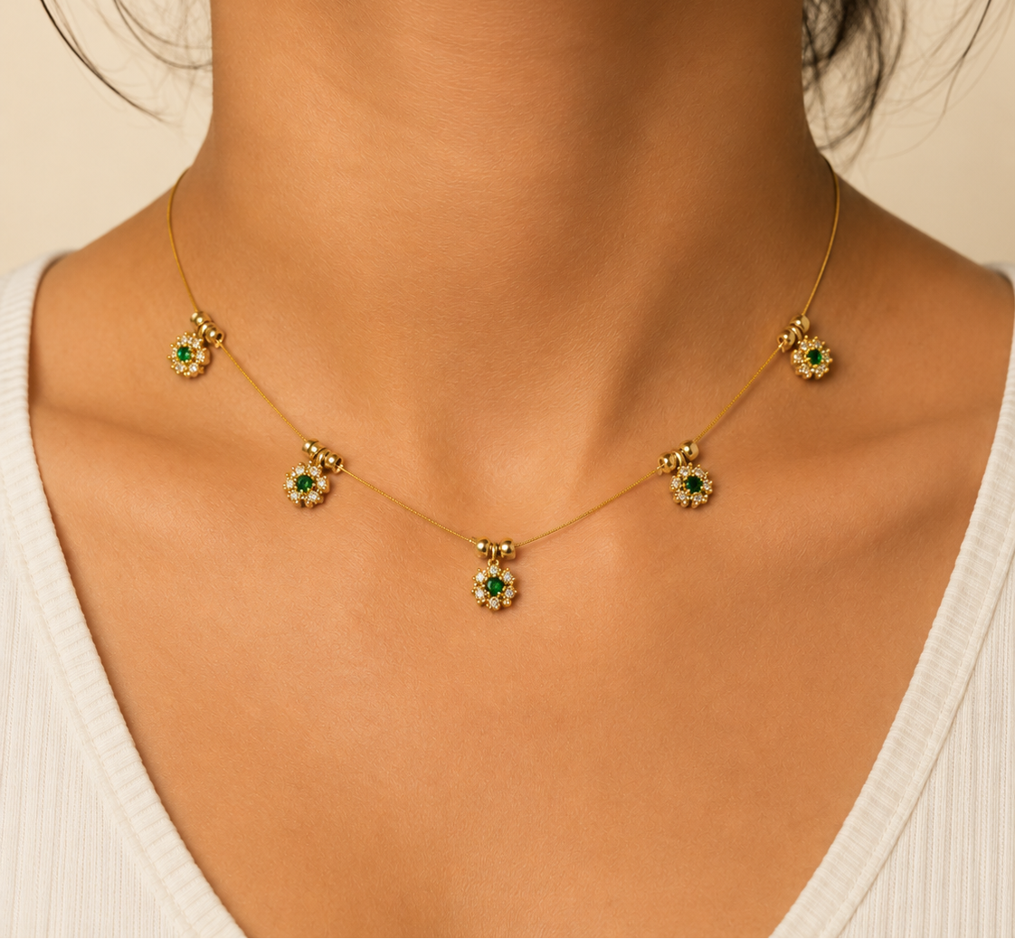 Elegant Invisible Necklace with Green Floral Stone Charms