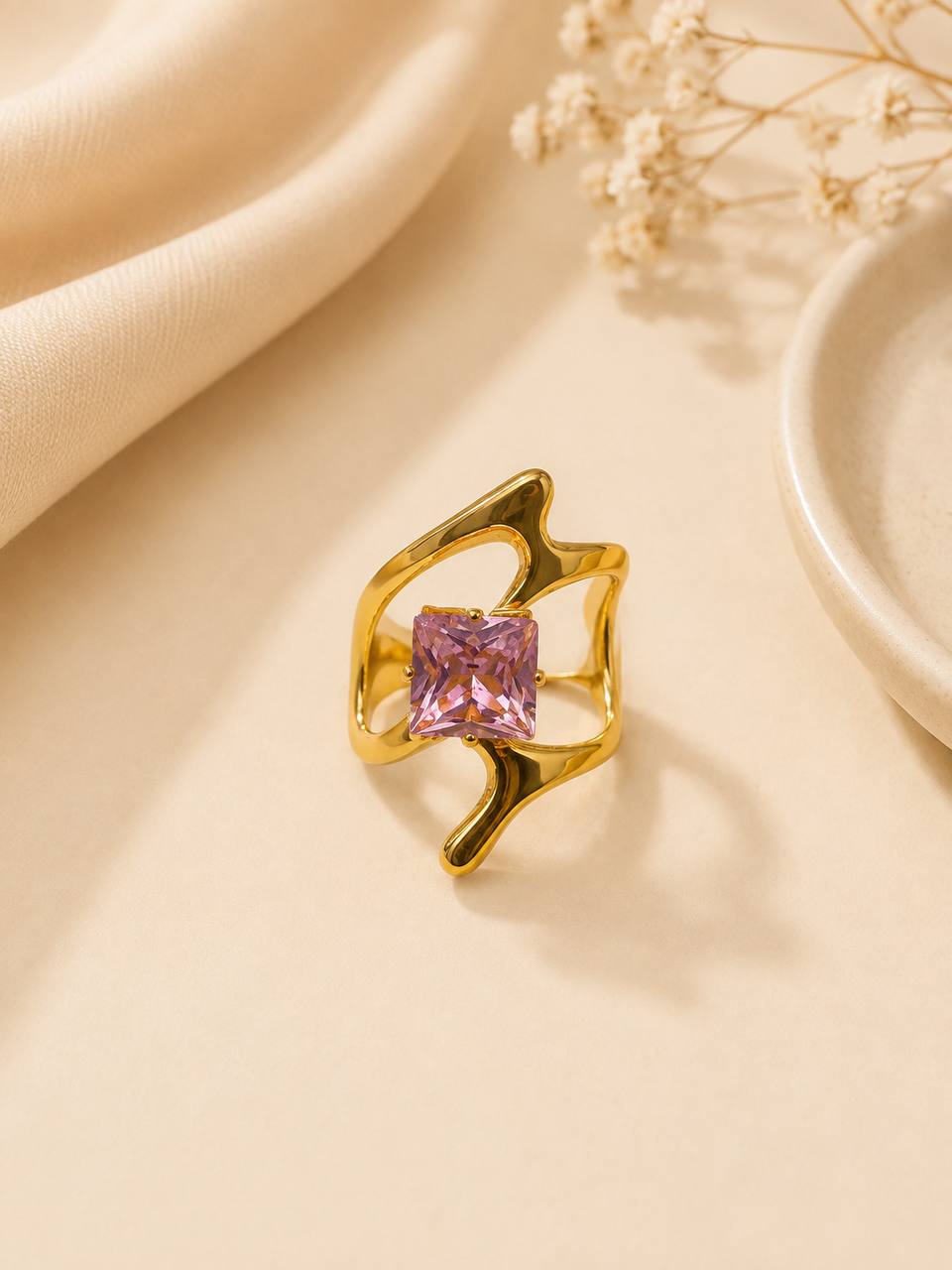 Pink Crystal Sculptural Anti-Tarnish Ring