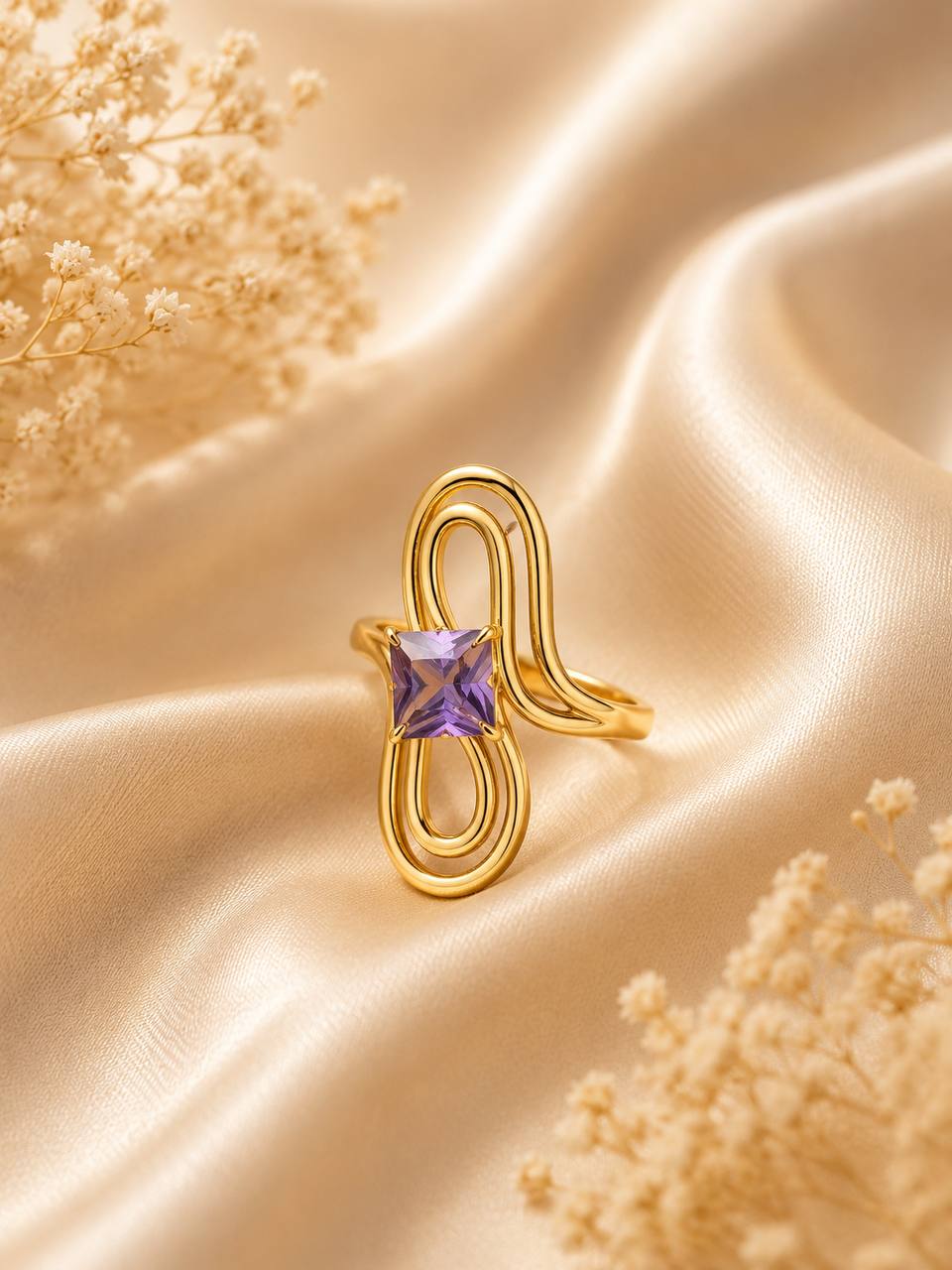 Purple Gemstone Bow-Inspired Anti-Tarnish Ring