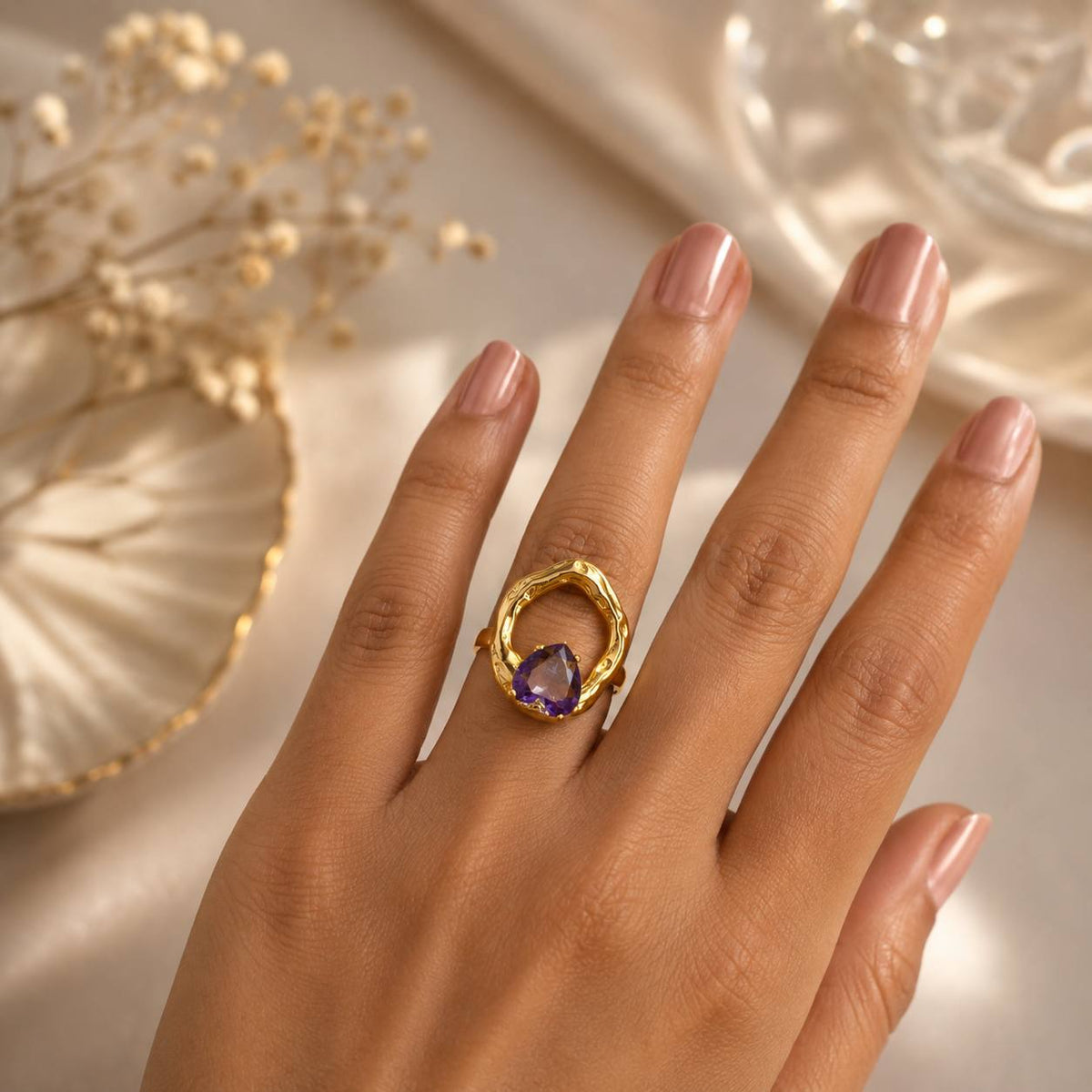Purple Crystal Textured Gold-Tone Anti-Tarnish Ring
